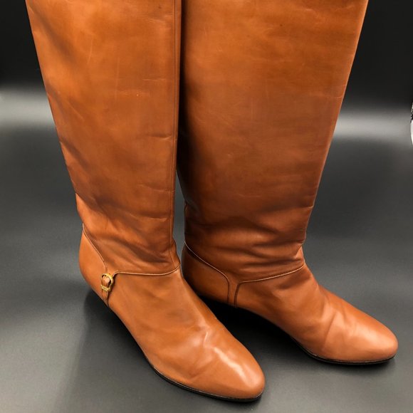 Salvatore Ferragamo Shoes - Salvator Ferragamo Tan Dress Boots with Gold Trim